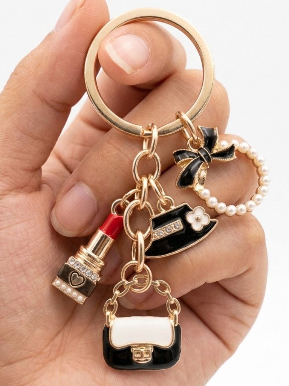 Chic Gold Fashion Charm Keychain Lipstick Purse Bow Pearls - Picture 1 of 5